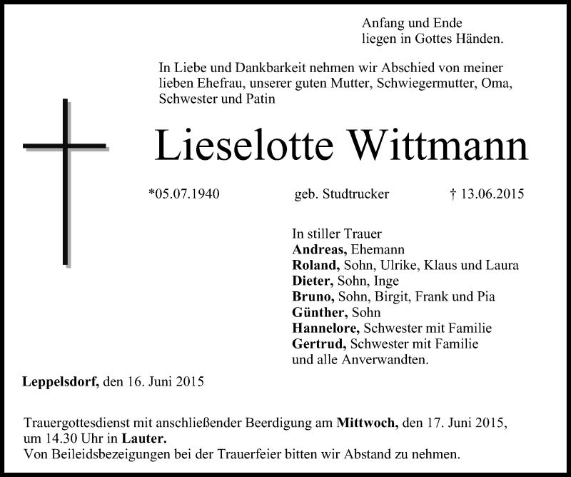  Traueranzeige für Lieselotte Wittmann vom 16.06.2015 aus MGO