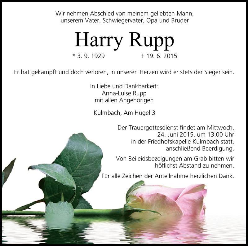  Traueranzeige für Harry Rupp vom 22.06.2015 aus MGO