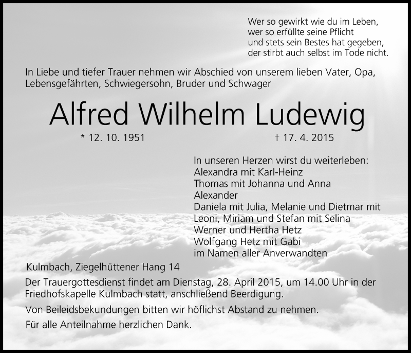  Traueranzeige für Alfred Wilhelm Ludewig vom 25.04.2015 aus MGO
