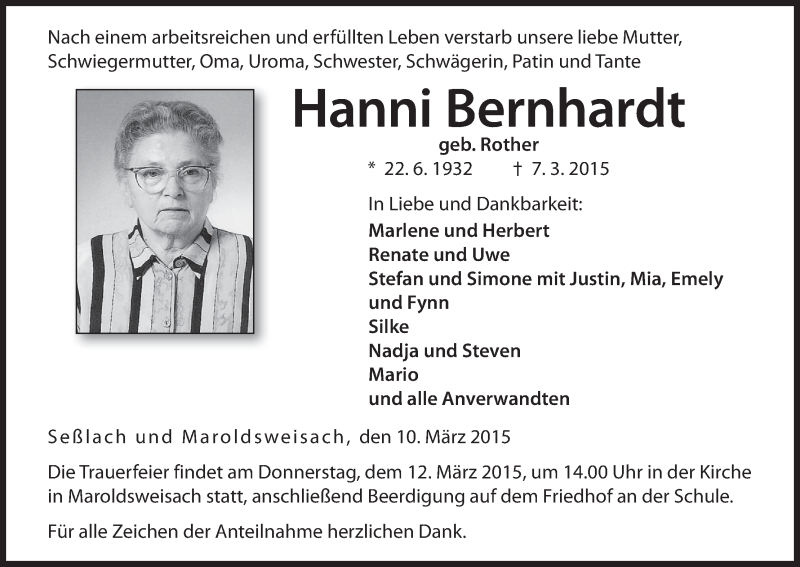  Traueranzeige für Hanni Bernhardt vom 10.03.2015 aus MGO