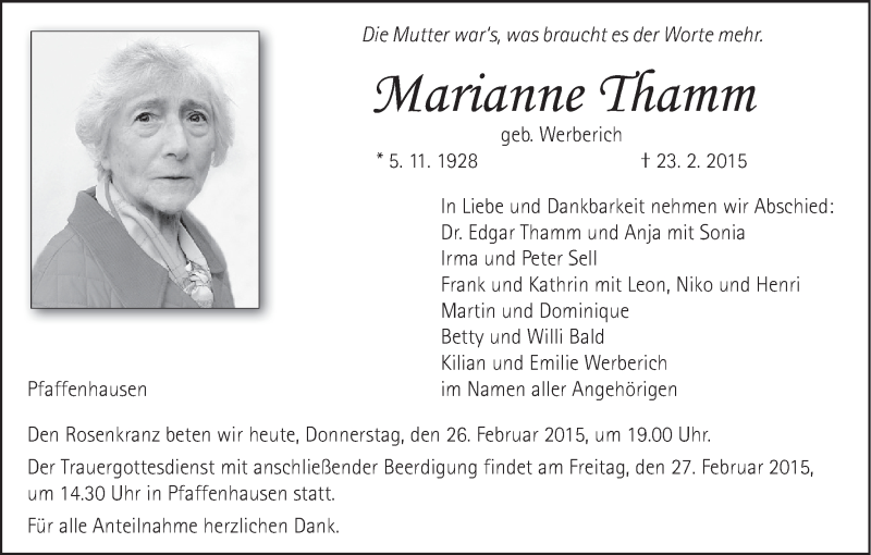  Traueranzeige für Marianne Thamm vom 26.02.2015 aus MGO