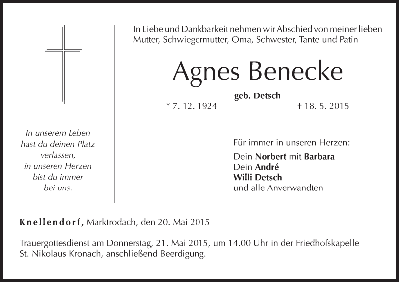  Traueranzeige für Agnes Benecke vom 20.05.2015 aus MGO