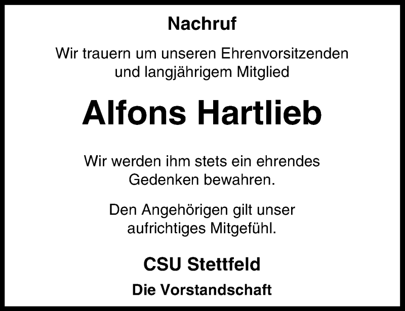  Traueranzeige für Alfons Hartlieb vom 07.03.2015 aus MGO