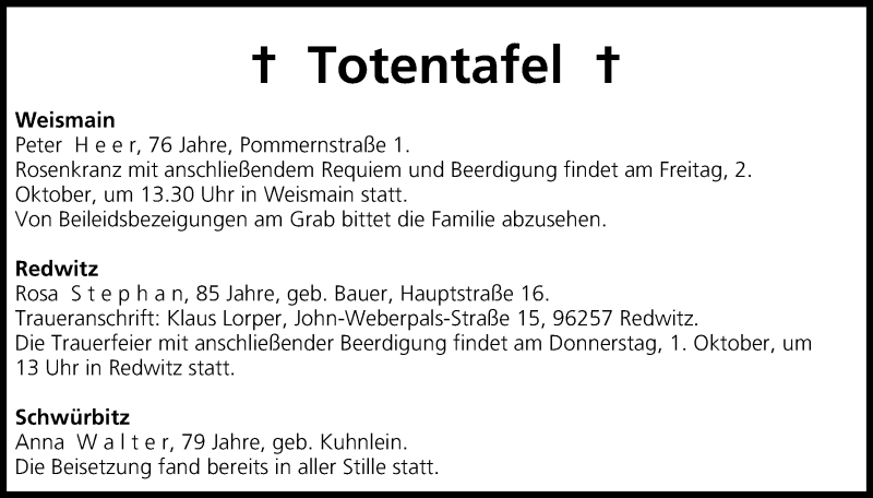  Traueranzeige für Totentafel vom 01.10.2015 vom 01.10.2015 aus MGO