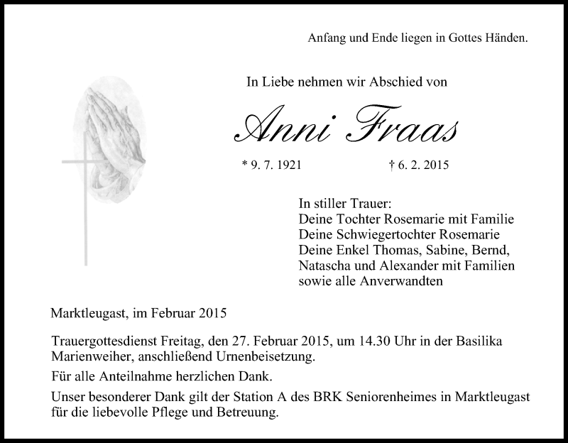  Traueranzeige für Anni Fraas vom 25.02.2015 aus MGO