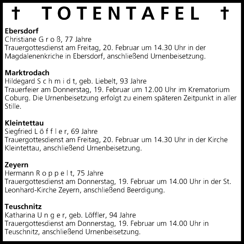  Traueranzeige für Totentafel vom 18.02.2015 vom 18.02.2015 aus MGO