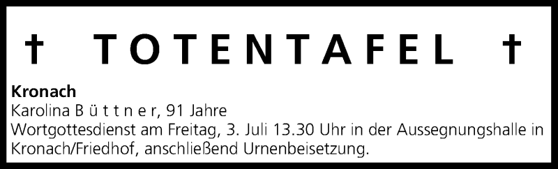  Traueranzeige für Karolina Büttner vom 02.07.2015 aus MGO