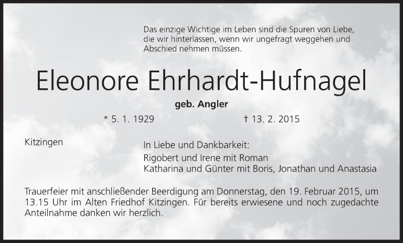  Traueranzeige für Eleonore Ehrhardt-Hufnagel vom 18.02.2015 aus MGO