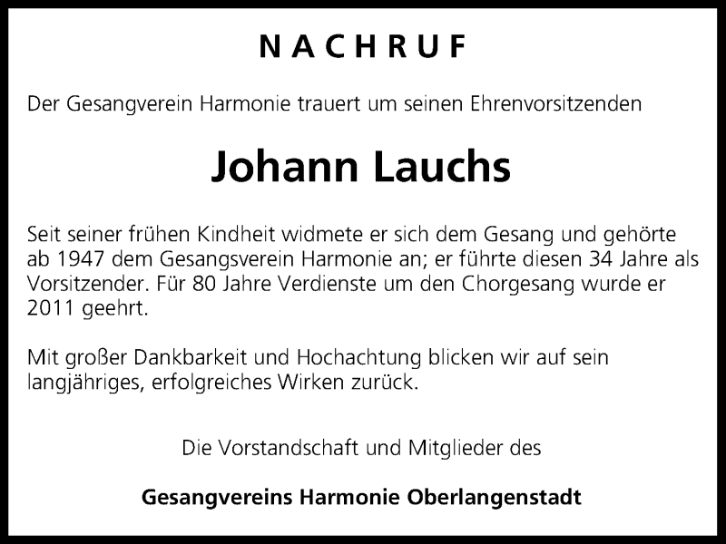  Traueranzeige für Johann Lauchs vom 22.07.2015 aus MGO