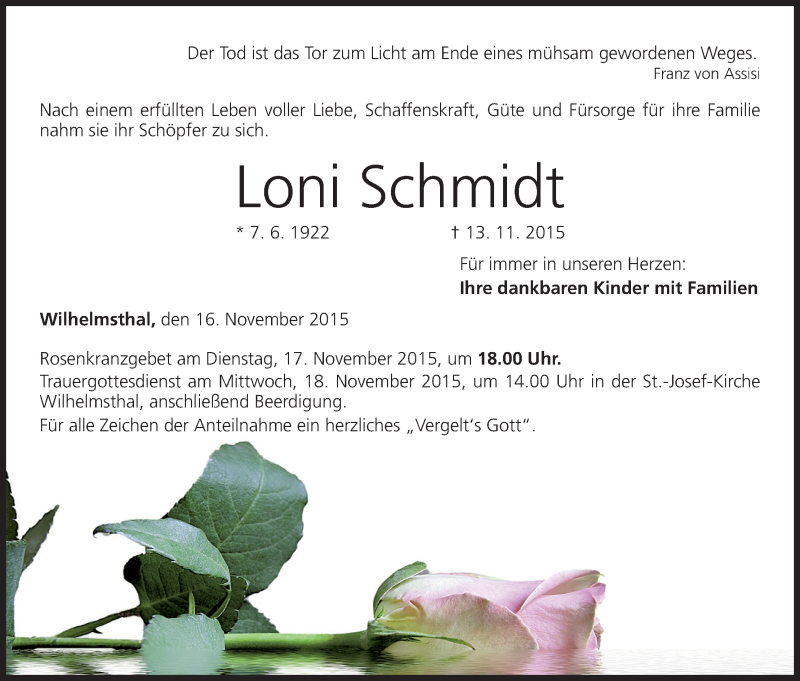  Traueranzeige für Loni Schmidt vom 16.11.2015 aus MGO