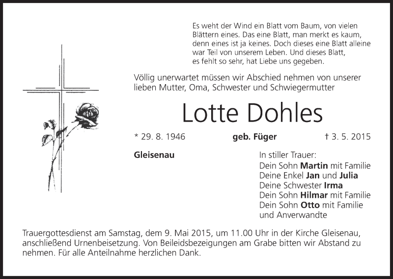  Traueranzeige für Lotte Dohles vom 05.05.2015 aus MGO