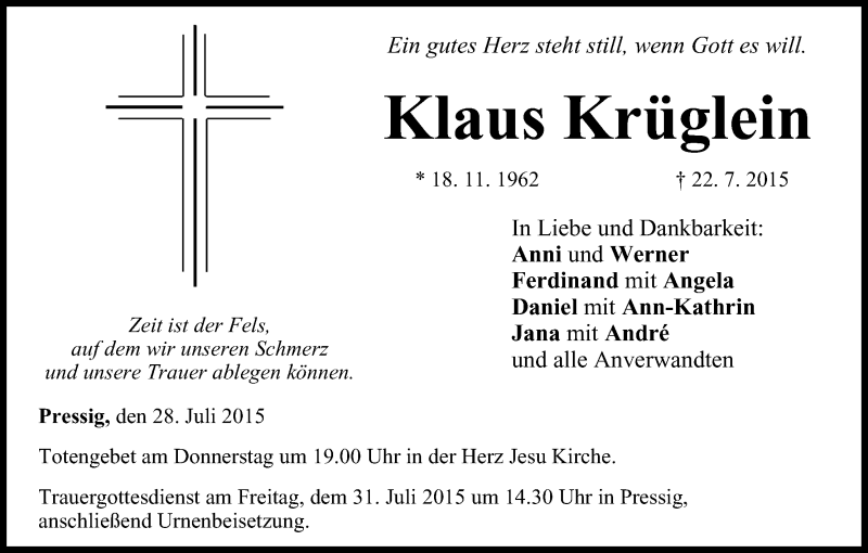  Traueranzeige für Klaus Krüglein vom 28.07.2015 aus MGO
