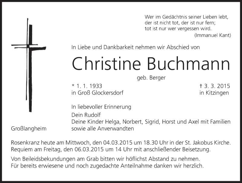  Traueranzeige für Christine Buchmann vom 04.03.2015 aus MGO