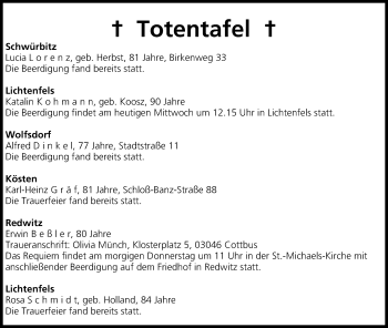Anzeige von Totentafel vom 08.04.2015 von MGO