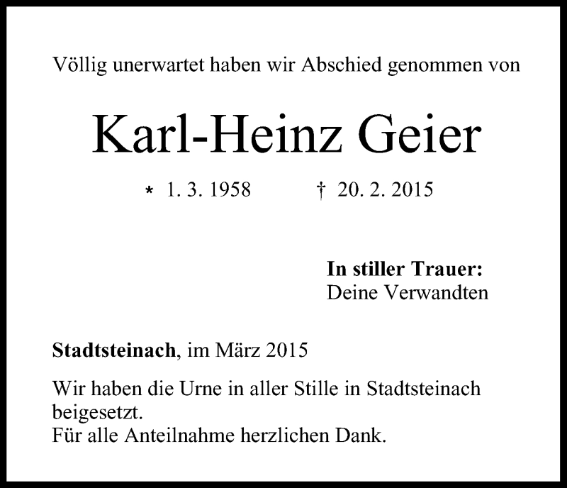  Traueranzeige für Karl-Heinz Geier vom 06.03.2015 aus MGO