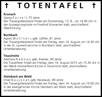 Anzeige von Totentafel vom 12.08.2015 von MGO