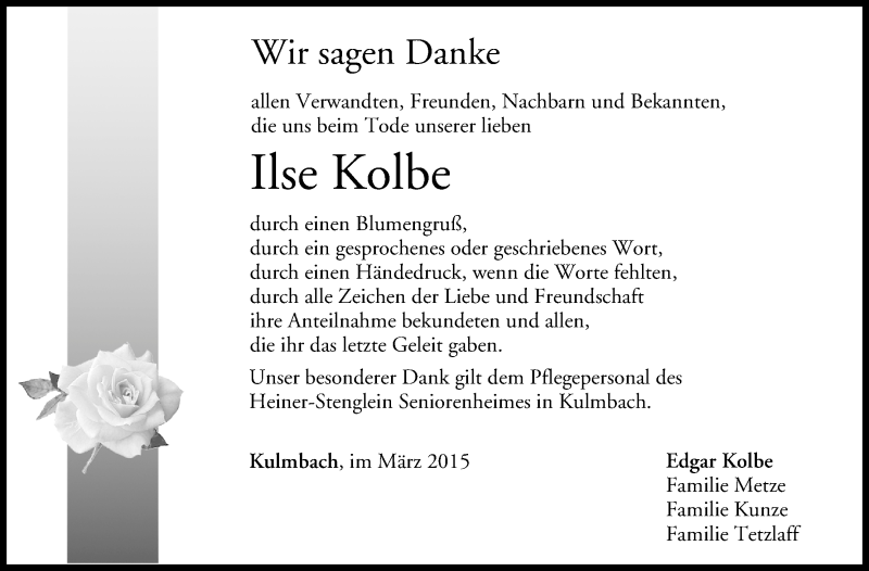  Traueranzeige für Ilse Kolbe vom 07.03.2015 aus MGO