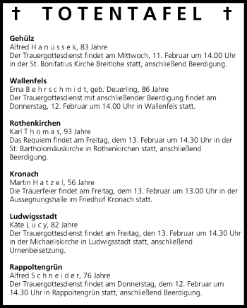 Anzeige von Totentafel 11.02.2015 von MGO