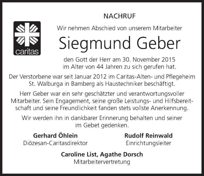  Traueranzeige für Siegmund Geber vom 04.12.2015 aus MGO