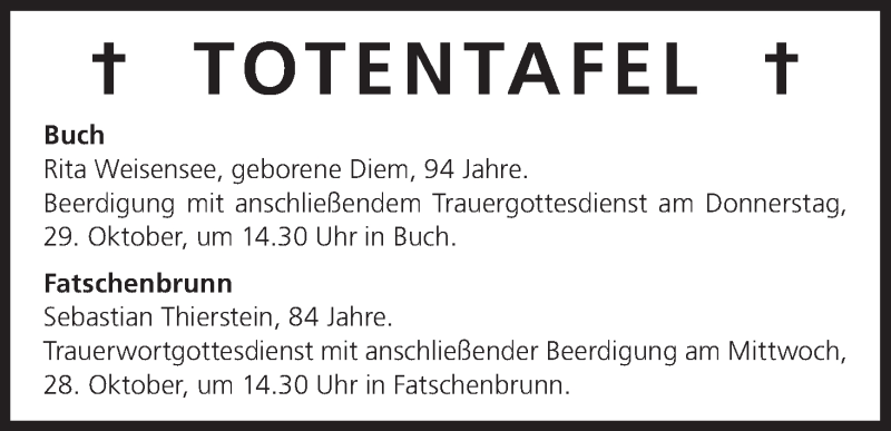  Traueranzeige für Totentafel vom 28.10.2015 vom 28.10.2015 aus MGO