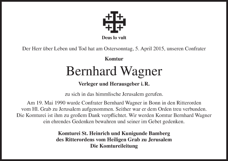  Traueranzeige für Bernhard Wagner vom 08.04.2015 aus MGO