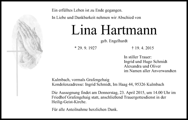  Traueranzeige für Lina Hartmann vom 22.04.2015 aus MGO