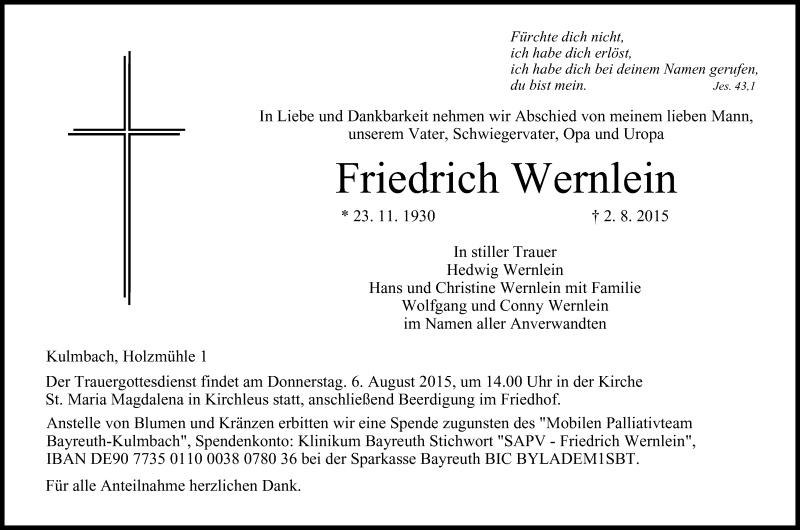  Traueranzeige für Friedrich Wernlein vom 04.08.2015 aus MGO
