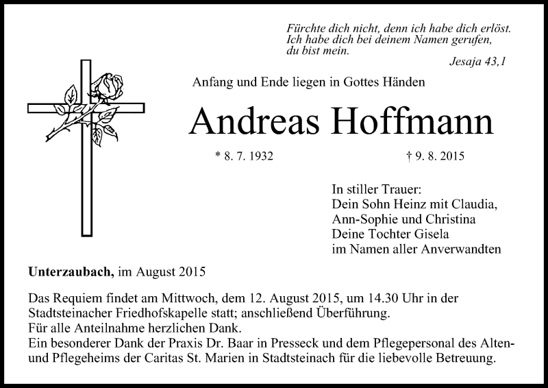  Traueranzeige für Andreas Hoffmann vom 11.08.2015 aus MGO