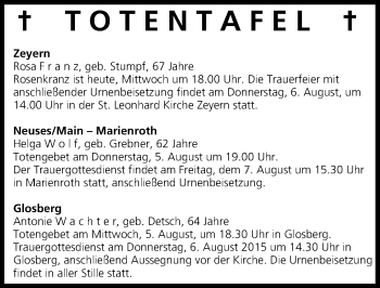 Anzeige von Totentafel vom 05.08.2015 von MGO