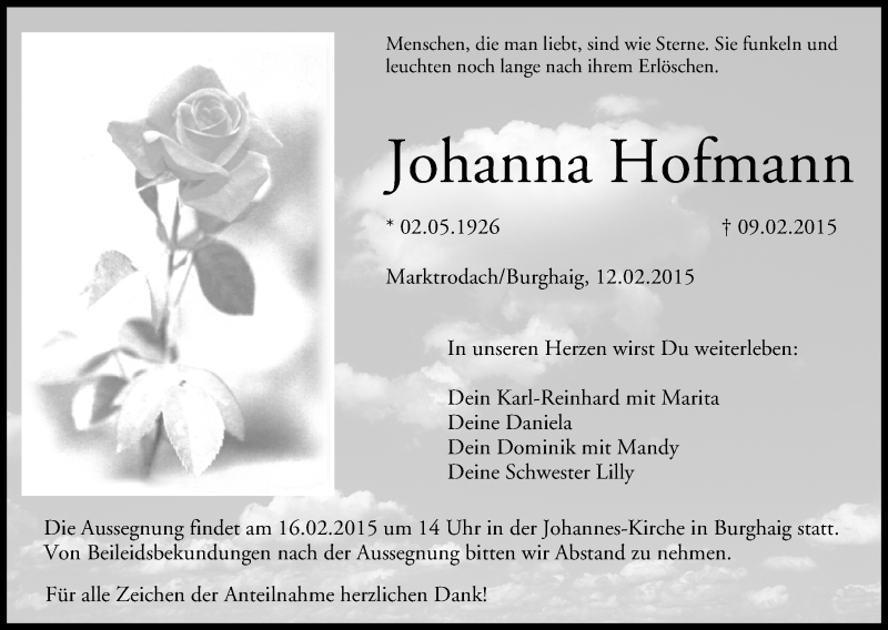  Traueranzeige für Johanna Hofmann vom 12.02.2015 aus MGO