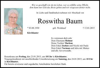 Anzeige von Roswitha Baum von MGO