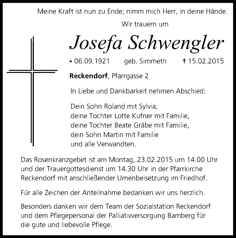  Traueranzeige für Josefa Schwengler vom 21.02.2015 aus MGO