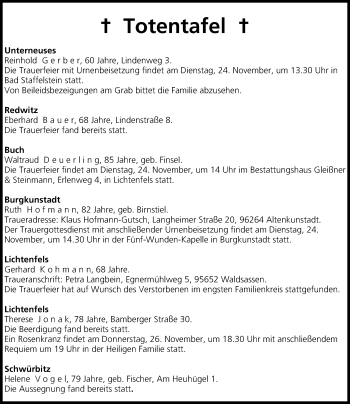 Anzeige von Totentafel vom 24.11.2015 von MGO