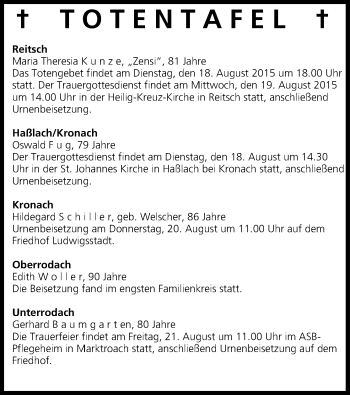 Anzeige von Totentafel vom 18.08.2015 von MGO