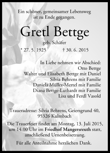 Anzeige von Gretl Bettge von MGO