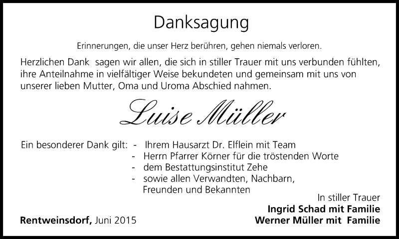  Traueranzeige für Luise Müller vom 06.06.2015 aus MGO