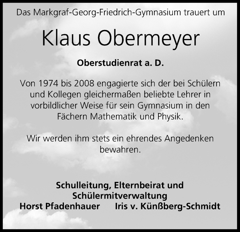  Traueranzeige für Klaus Obermeyer vom 12.09.2015 aus MGO