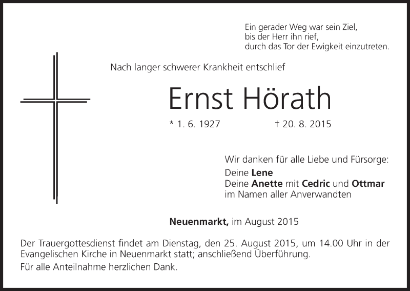  Traueranzeige für Ernst Hörath vom 24.08.2015 aus MGO