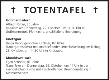 Anzeige von Totentafel vom 22.10.2015 von MGO