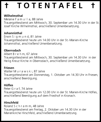 Anzeige von Totentafel vom 29.09.2015 von MGO