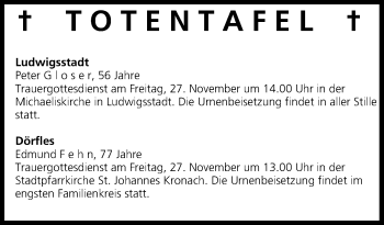Anzeige von Totentafel vom 26.11.2015 von MGO