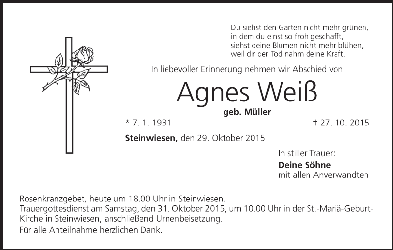  Traueranzeige für Agnes Weiß vom 29.10.2015 aus MGO