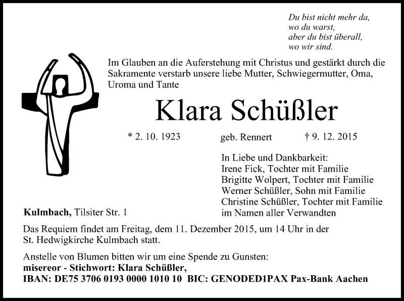  Traueranzeige für Klara Schüßler vom 11.12.2015 aus MGO