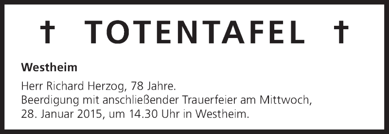  Traueranzeige für Totentafel vom 27.01.2015 vom 27.01.2015 aus MGO