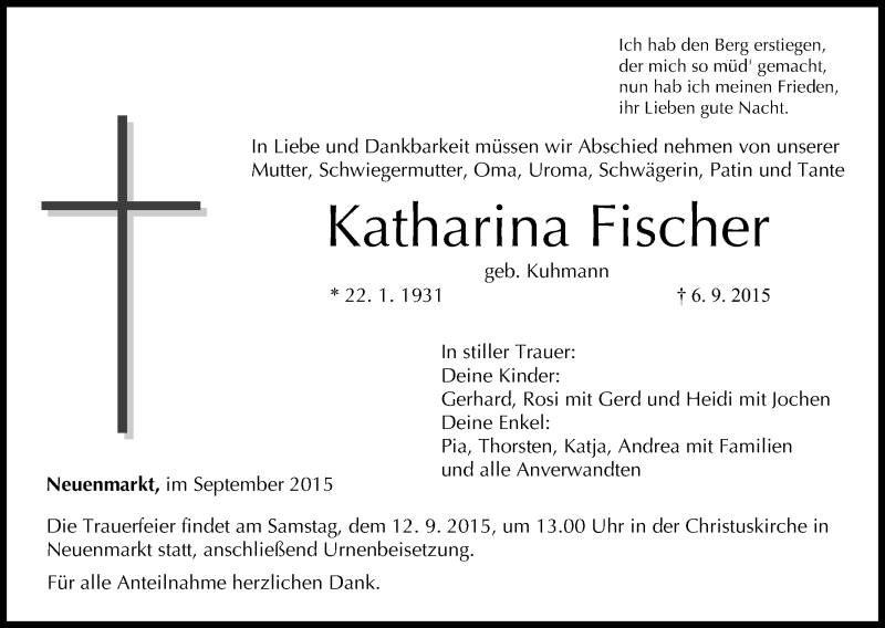  Traueranzeige für Katharina Fischer vom 10.09.2015 aus MGO