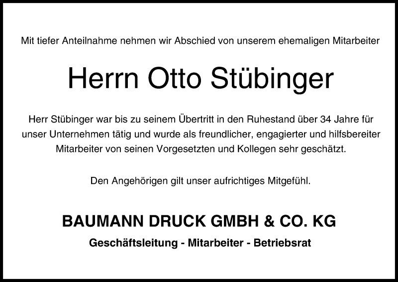  Traueranzeige für Otto Stübinger vom 08.09.2015 aus MGO