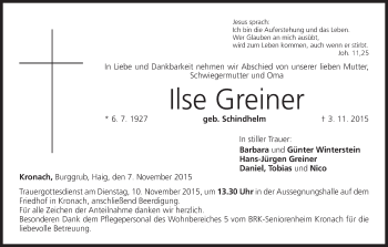 Anzeige von Ilse Greiner von MGO
