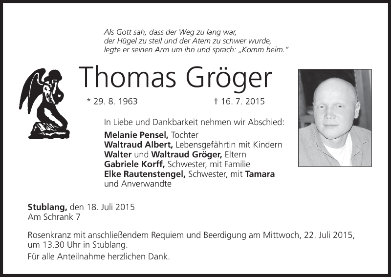  Traueranzeige für Thomas Gröger vom 18.07.2015 aus MGO