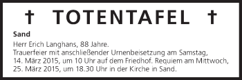 Anzeige von Totentafel vom 13.03.2015 von MGO
