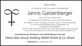 Anzeige von Jannis Gatzenberger von MGO